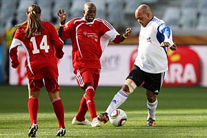 The president of South Africa competes at the 2010 Unity Cup in South Africa. 